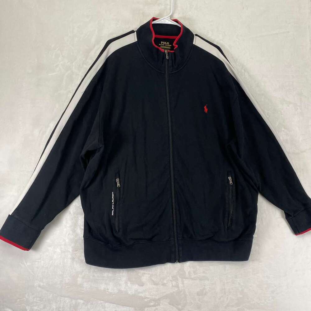 Polo Ralph Lauren Mens Black Track Jacket Red Pony White Stripes Zip-Up Sz 3XLB